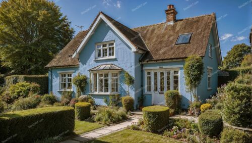 Blue English House in Rural Countryside