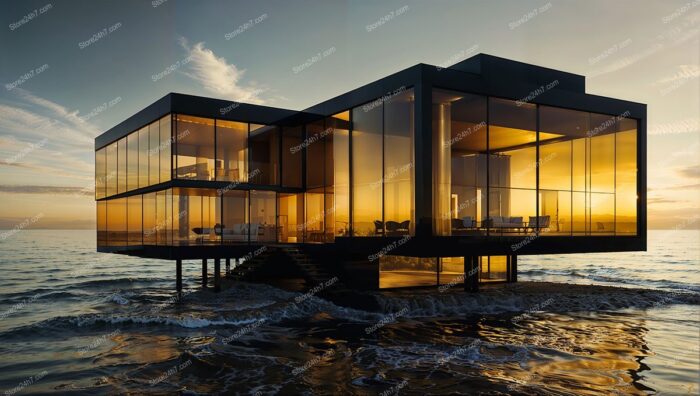 Sunset Mirage: Modern Home Floating on Golden Seas
