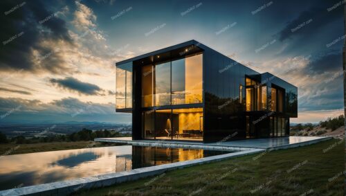 Golden Twilight Glow: Serene Home Overlooking Vast Landscapes