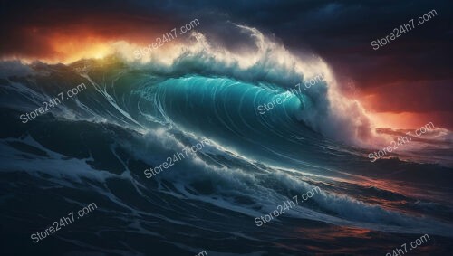 Vibrant Ocean Storm: Fiery Sunset and Turquoise Waves