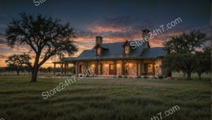 Sunset View of Elegant Stone Ranch House