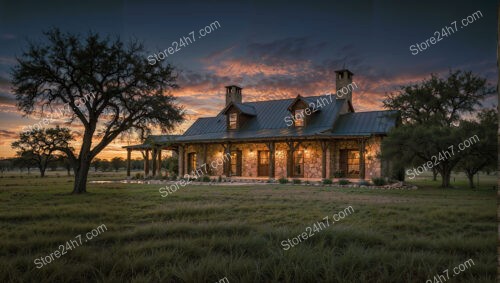 Sunset View of Elegant Stone Ranch House