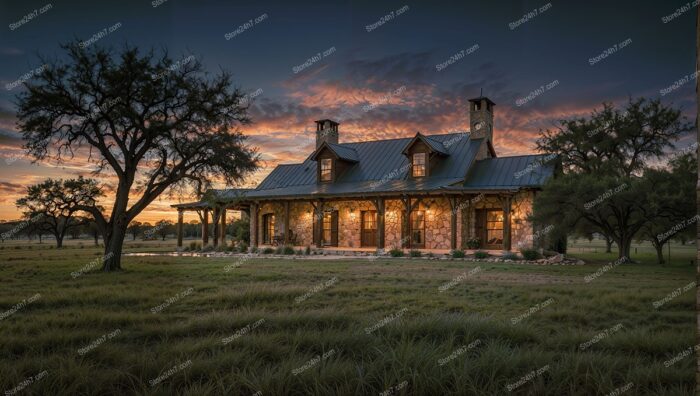 Sunset View of Elegant Stone Ranch House