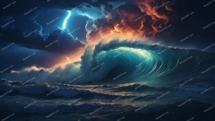Mystical Ocean Storm: Lightning and Golden Sunset Waves