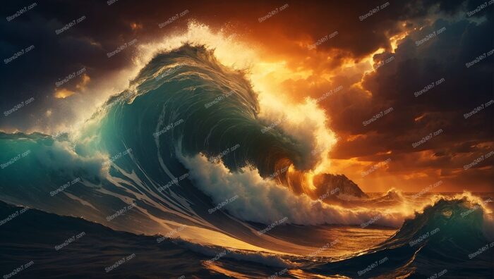 Mystical Ocean Storm: Golden Waves in Sunset Glow