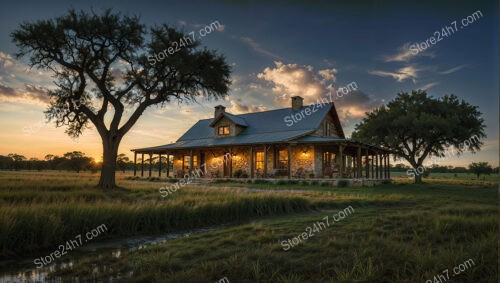 Sunset Over a Charming Stone Ranch House