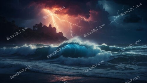 Lightning Illuminates Turquoise Waves in Stormy Sky