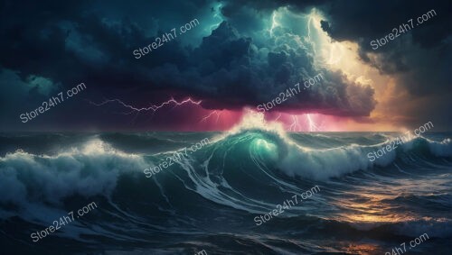 Thunderous Lightning Strikes Over Turquoise Ocean Waves