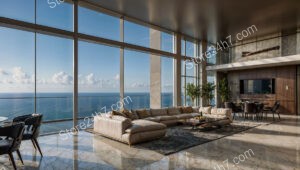 Spacious Modern Condo Living Room with Ocean View