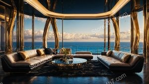 Opulent Ocean View Living Room with Golden Accents