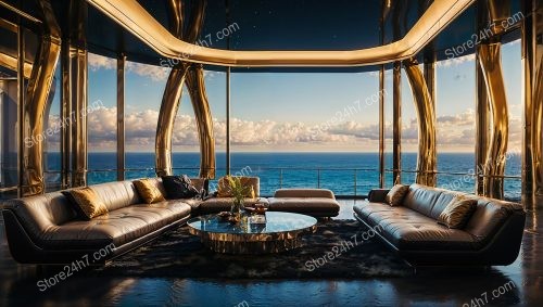 Opulent Ocean View Living Room with Golden Accents