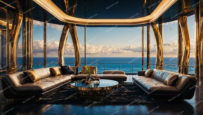 Opulent Ocean View Living Room with Golden Accents