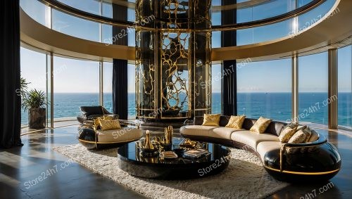 Luxurious Oceanfront Living with Elegant Black and Gold Decor