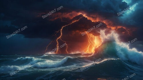 Fiery Lightning Over Turquoise Ocean Waves