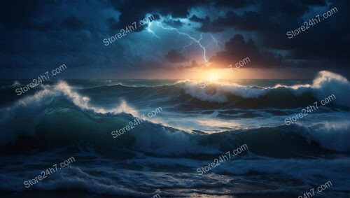 Stormy Ocean Waves Under Dramatic Lightning Sky