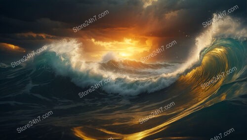 Mystical Ocean Storm: Golden Waves at Sunset