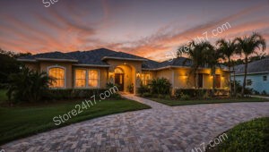 Sunset Glow Over Luxurious Suburban Single Family Home