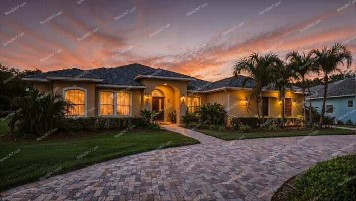 Sunset Glow Over Luxurious Suburban Single Family Home