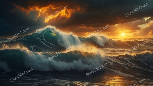 Golden Sunset Over Turbulent Ocean Waves