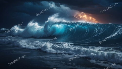 Powerful Ocean Storm: Turquoise Waves and Fiery Sky