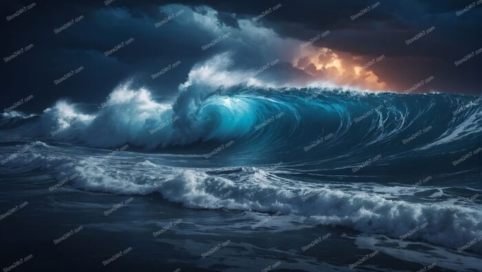 Powerful Ocean Storm: Turquoise Waves and Fiery Sky