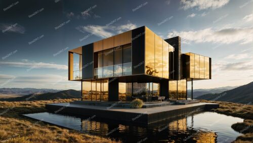 Golden Reflections: Serene Home in Majestic Landscape