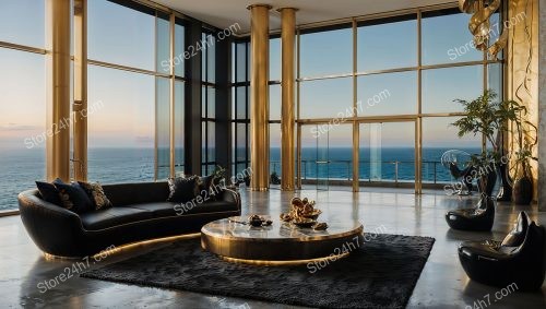 Luxurious Golden Living Room Overlooking Serene Ocean