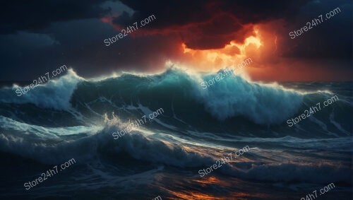 Fiery Sunset and Turquoise Waves in Storm