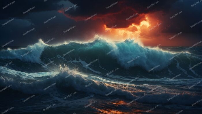 Fiery Sunset and Turquoise Waves in Storm