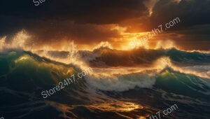 Golden Horizon Over Turbulent Ocean Waves
