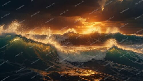 Golden Horizon Over Turbulent Ocean Waves