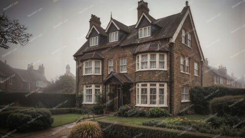 Charming Victorian House in Classic London Morning Fog