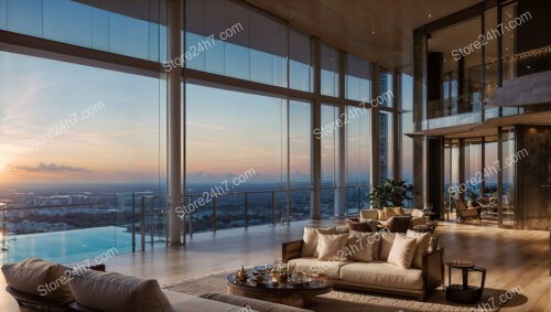 Luxurious High-Rise Condo Living Room with Ocean Sunset View