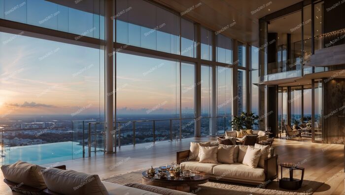Luxurious High-Rise Condo Living Room with Ocean Sunset View