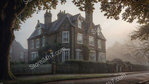 Quaint London House in Morning Autumn Fog