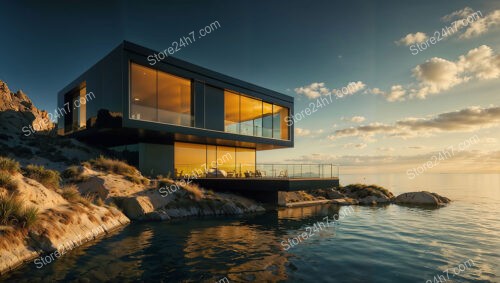 Modern Golden Home Perched on Tranquil Ocean Shore