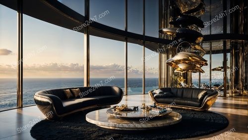 Golden Twilight in a Stylish Luxury Coastal Living Room