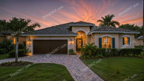 Sunset Glow Over Elegant Suburban Florida Home