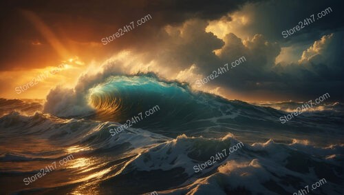 Golden Sunset Over Turquoise Ocean Waves