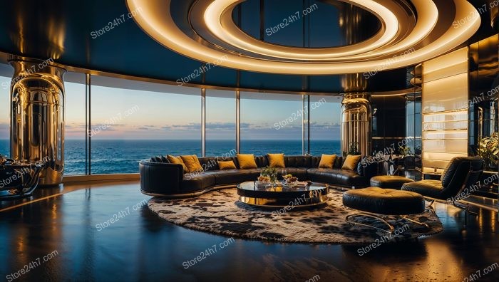 Sophisticated Oceanfront Lounge with Dramatic Lighting Design
