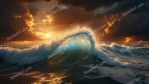 Golden Sunset Over Turquoise Waves in Storm