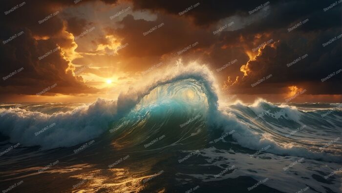 Golden Sunset Over Turquoise Waves in Storm