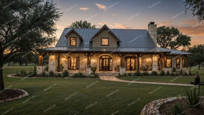 Charming Stone Ranch House at Sunset with Porch