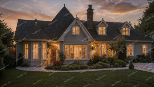 Cozy English Countryside Home at Sunset Glow
