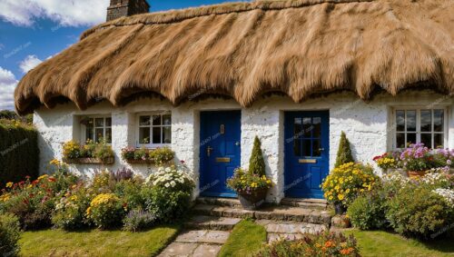 Scottish Cottage with Blue Doors and Thatched Roof