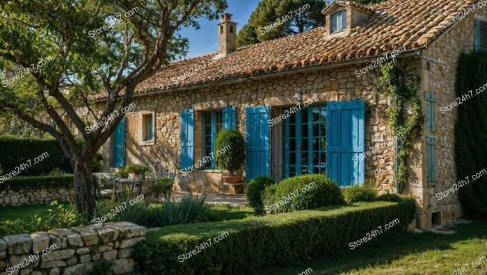 Provencal Stone House with Blue Shutters