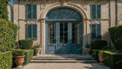 Classic French Country Manor with Blue Shuttered Windows