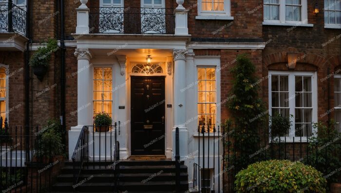 Nighttime View of Elegant UK Townhouse Porch