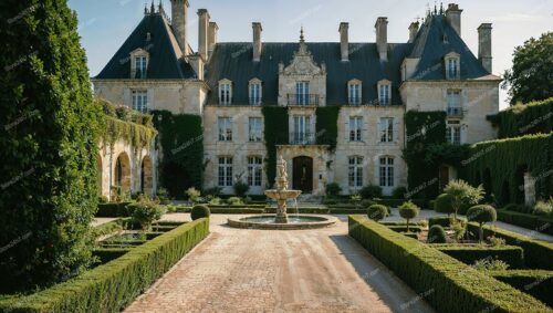 Grand French Manor with Elegant Fountain and Gardens