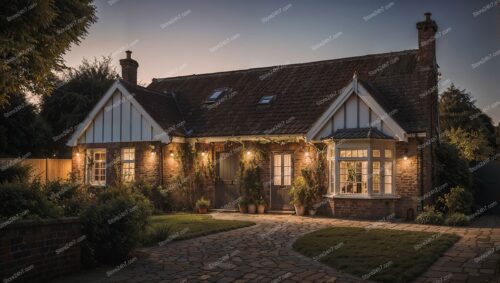 English Countryside Home at Sunset Glow
